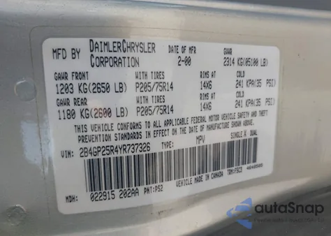 2000 Dodge Caravan from USA, damaged, VIN 2B4GP25R4YR737326